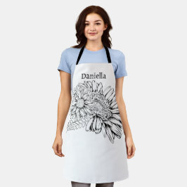 Chrysanthemum Zwarte Lijntekening met Uw Naam Schort