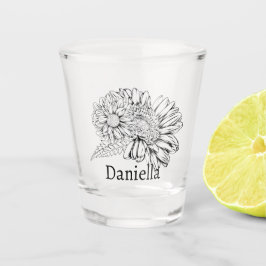 Chrysanthemum Zwarte Lijntekening met Uw Naam Shot Glas