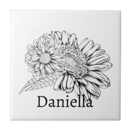 Chrysanthemum Zwarte Lijntekening met Uw Naam Tegeltje