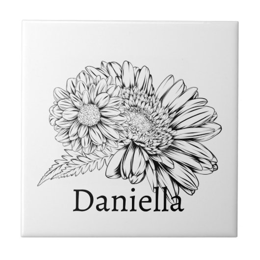 Chrysanthemum Zwarte Lijntekening met Uw Naam Tegeltje (Voorkant)