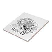 Chrysanthemum Zwarte Lijntekening met Uw Naam Tegeltje (Zijkant)