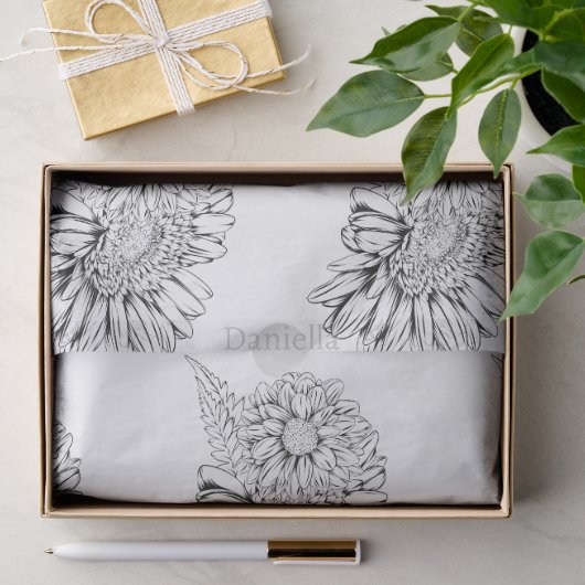 Chrysanthemum Zwarte Lijntekening met Uw Naam  Tissuepapier (Geschenk)