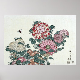 Chrysanthemums & Bee, Japanse kunst door Hokusai Poster