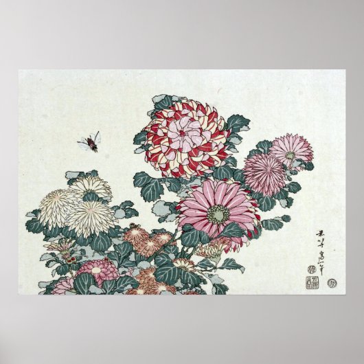 Chrysanthemums & Bee, Japanse kunst door Hokusai Poster (Voorkant)