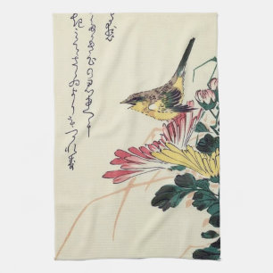 Chrysanthemums en Wren, Hiroshige, Ukiyo-e Theedoek