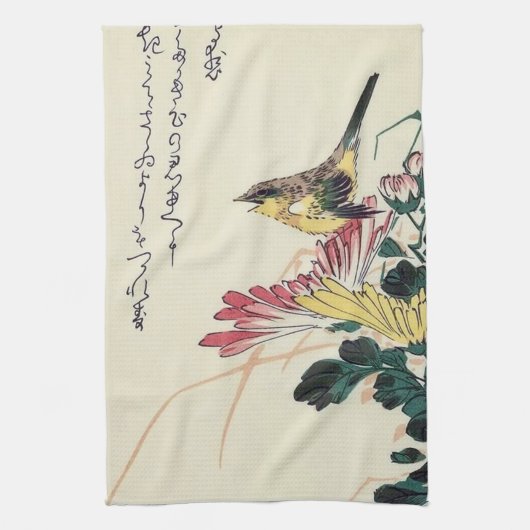 Chrysanthemums en Wren, Hiroshige, Ukiyo-e Theedoek (Verticaal)