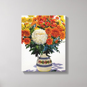 Chrysanthemums in een patterned jug 2005 canvas afdruk
