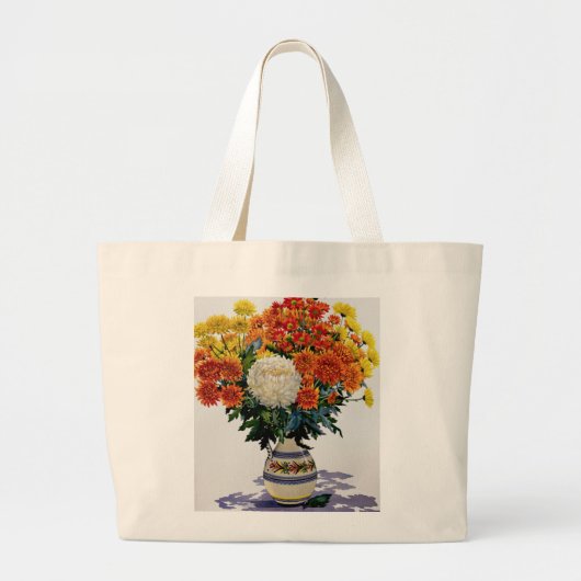 Chrysanthemums in een patterned jug 2005 grote tote bag (Voorkant)