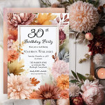 Chrysanthemums Peonies Floral 30th Birthday Party Kaart<br><div class="desc">Elegant chrysanthemums and peonies floral design "30th Birthday Party" featuring a floral frame of mums and peony flowers in burgundy,  burnt orange,  apricot and pink on a white background center panel.  Back design features a multi-layered coordinating colors watercolor background</div>