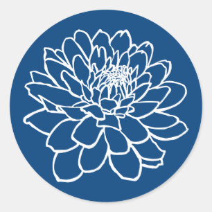 Chrysanthemumtekening - Wit op Indigostijlblauw Ronde Sticker