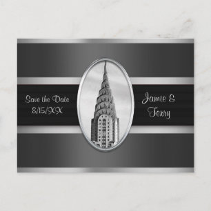 Chrysler Building Save the Date Grijs Zilver BW Aankondigingskaart