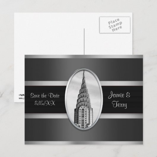 Chrysler Building Save the Date Grijs Zilver BW Aankondigingskaart (Voorkant / Achterkant)