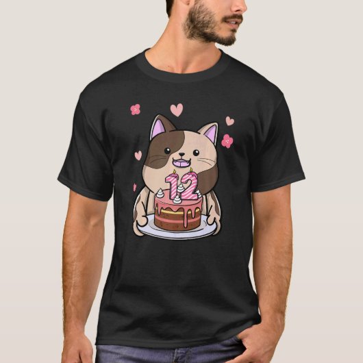 Chubby Cat Holding A Birthday Cake 12th Year Bday T-shirt (Voorkant)