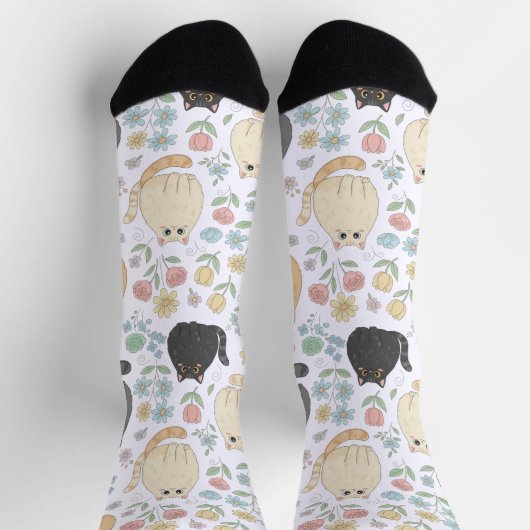 Chubby Cute Cats and Pastel Flowers Pattern Socks Sokken (Top)