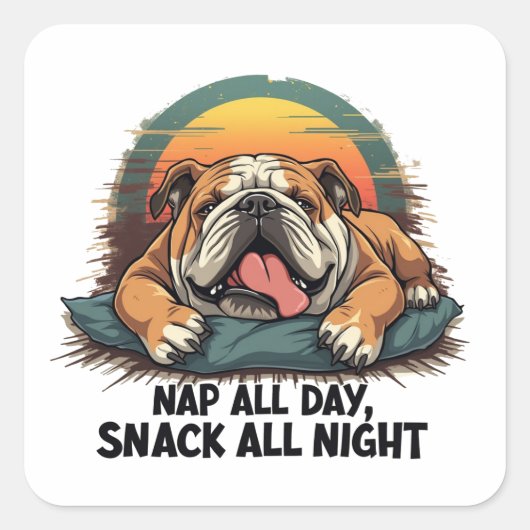 Chubby Engelse Bulldog dutje en snack Vierkante Sticker (Voorkant)