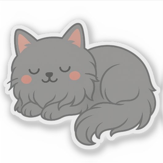 Chubby Fluffy Gray Cat – Sleepy Cartoon Cat Art Sticker (Voorkant)