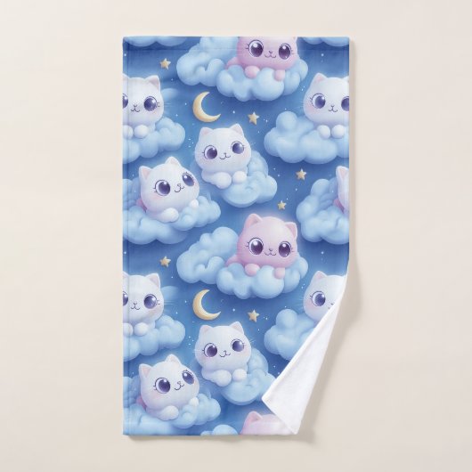 Chubby Kawaii Cats and Clouds 3D Naadloos Patroon Bad Handdoek (Handdoek)