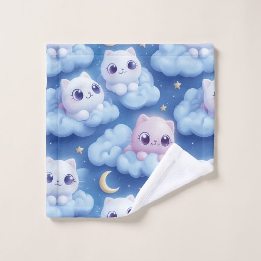 Chubby Kawaii Cats and Clouds 3D Naadloos Patroon Bad Handdoek (Wasdoekje)