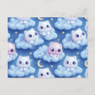 Chubby Kawaii Cats and Clouds 3D Naadloos Patroon Briefkaart