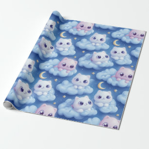 Chubby Kawaii Cats and Clouds 3D Naadloos Patroon Cadeaupapier