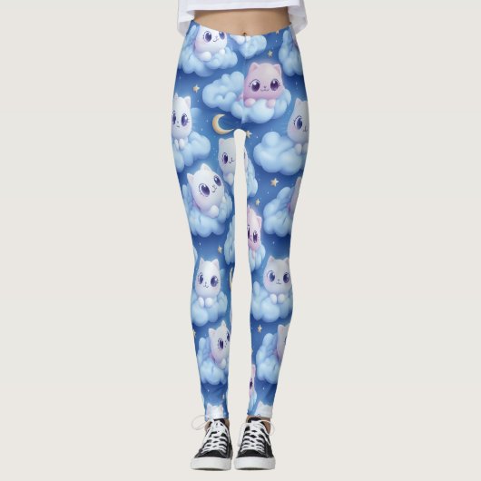 Chubby Kawaii Cats and Clouds 3D Naadloos Patroon Leggings (Voorkant)