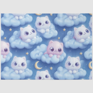 Chubby Kawaii Cats and Clouds 3D Naadloos Patroon Tissuepapier