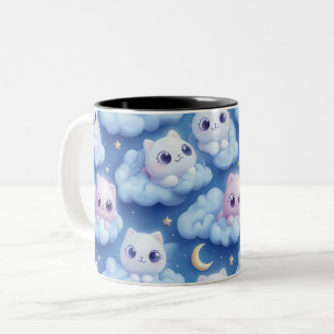 Chubby Kawaii Cats and Clouds 3D Naadloos Patroon Tweekleurige Koffiemok
