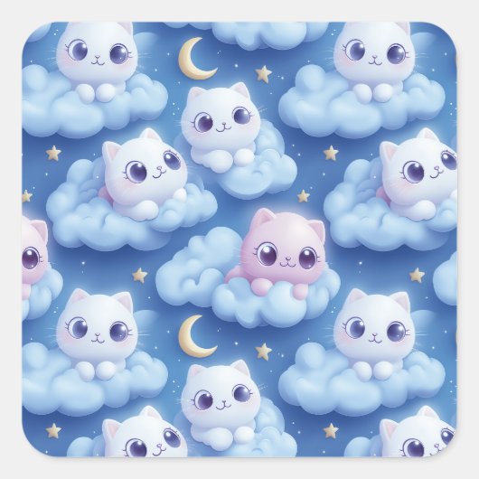 Chubby Kawaii Cats and Clouds 3D Naadloos Patroon Vierkante Sticker (Voorkant)