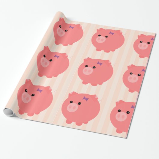 Chubby Pig met PInk Stripes Gift Wrap Cadeaupapier (Uitgerold)