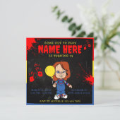 Chucky Doll Blauw Rood Geel Bloederig Kaart (Staand voorkant)
