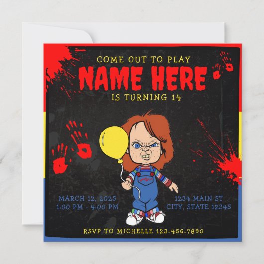 Chucky Doll Blauw Rood Geel Bloederig Kaart (Voorkant)