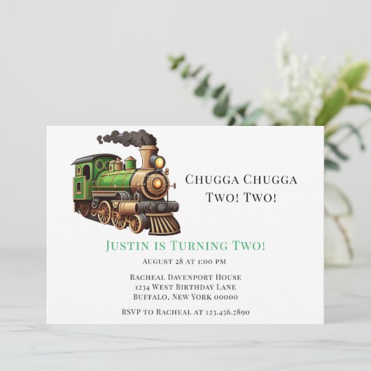 Chugga Chugga Twee Groene Trein Verjaardagsfeest Kaart (Staand voorkant)