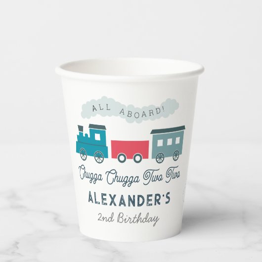 Chugga Chugga Two Train Blue Boy 2de verjaardag Papieren Bekers (Voorkant)