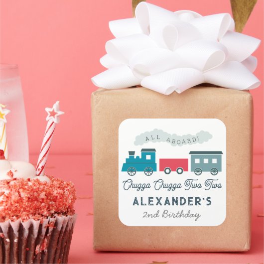 Chugga Chugga Two Train Blue Boy 2de verjaardag Vierkante Sticker (Feest)