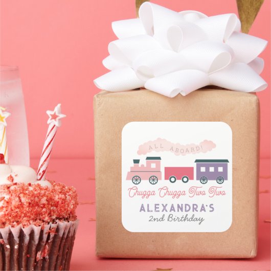 Chugga Chugga Two Train Pink Girl 2e verjaardag Vierkante Sticker (Feest)