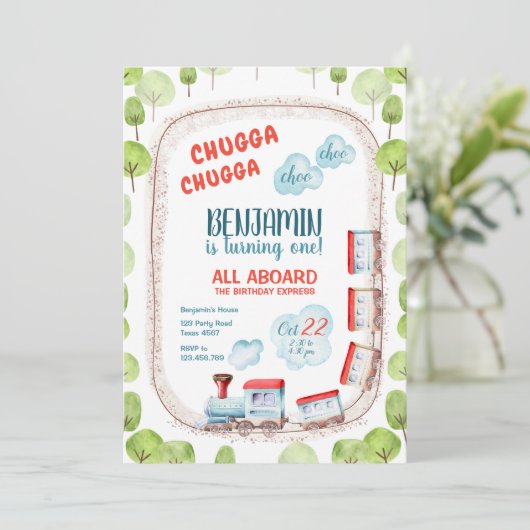 Chugga Trein Choo Jongen Rood Blauw Verjaardagsrai Kaart (Staand voorkant)