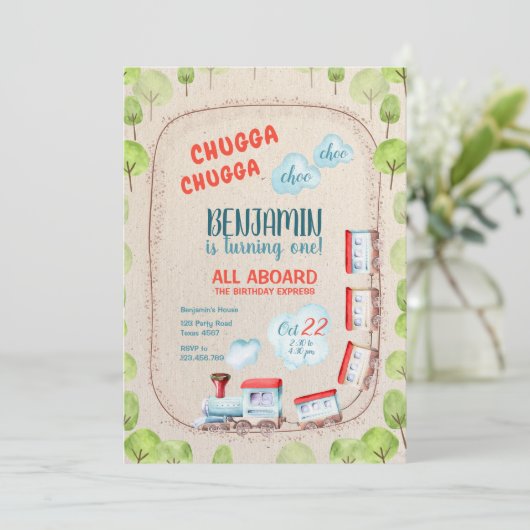 Chugga Trein Choo Jongen Rood Blauw Verjaardagsrai Kaart (Staand voorkant)