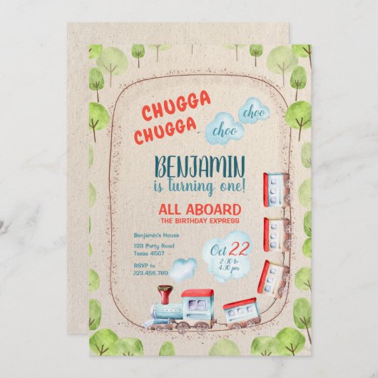 Chugga Trein Choo Jongen Rood Blauw Verjaardagsrai Kaart (Voorkant / Achterkant)