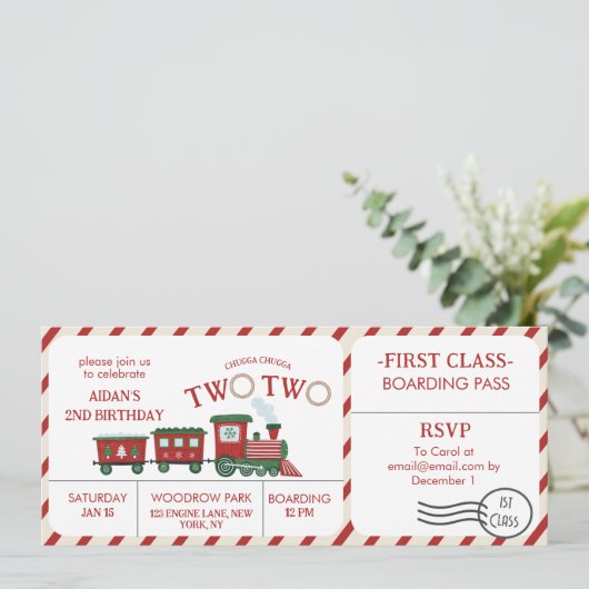 Chugga Two Two Winter Train Ticket Second Birthday Kaart (Staand voorkant)