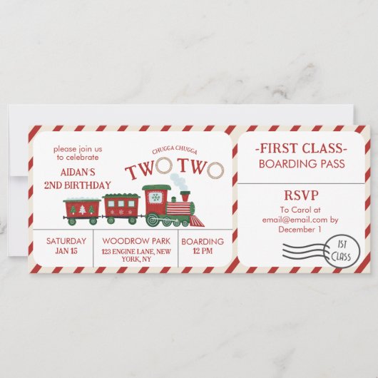 Chugga Two Two Winter Train Ticket Second Birthday Kaart (Voorkant)