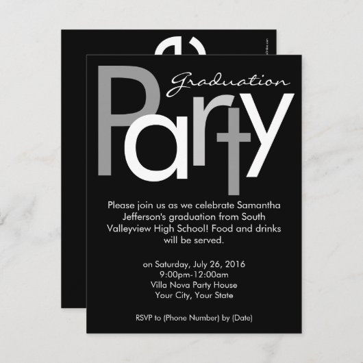Chunky Black and White Graduparty Invitation Kaart (Voorkant / Achterkant)