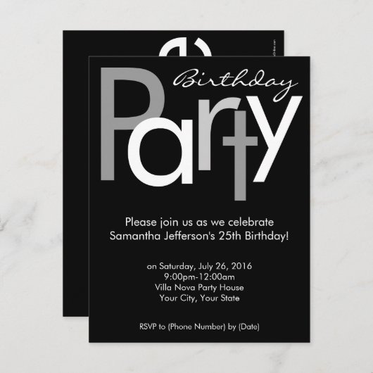 Chunky Black and White Verjaardagsfeestuitnodiging Kaart (Voorkant / Achterkant)