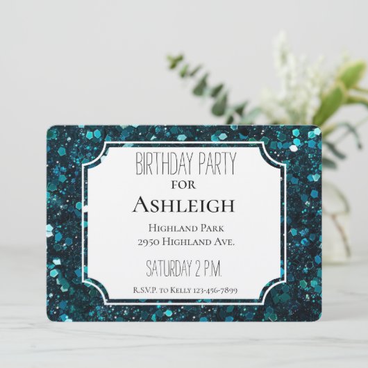 Chunky Blauwgroen Blue Faux Glitter verjaardag Kaart (Staand voorkant)