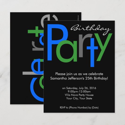 Chunky Block Blauw Zwart Verjaardagsfeestuitnodigi Kaart (Voorkant / Achterkant)