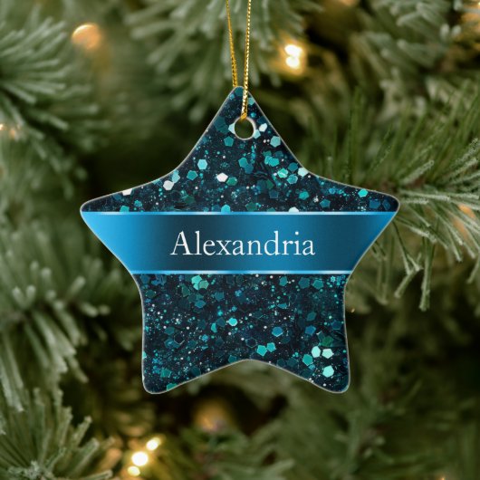 Chunky Blue Aqua Glitz Glitter Kerstnaam Keramisch Ornament (Boom)