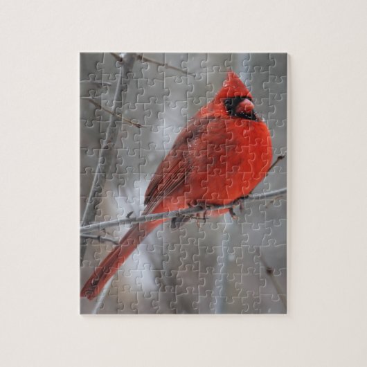 Chunky Bright Red Male Kardinaal in wintersneeuw Legpuzzel (Verticaal)