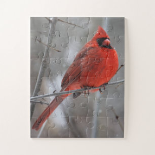 Chunky Bright Red Male Kardinaal in wintersneeuw Legpuzzel