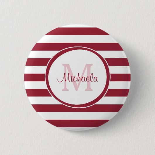 Chunky Deep Red Stripes Simple Monogram and Name Ronde Button 5,7 Cm (Voorkant)
