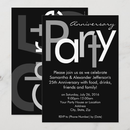 Chunky Zwart / Wit Jubileum Party Invitation Kaart (Voorkant / Achterkant)