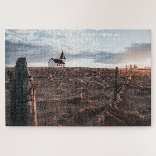 Church Building & Hay Field tijdens Sunset Legpuzzel (Horizontaal)